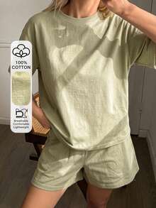DAZY 夏季極簡全棉休閒短袖上衣與短褲2件套女款居家服睡衣套裝 - 綠色 - 查看 5