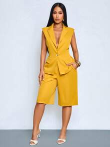 SOLERSUN Women's Old Money Aesthetic Mustard Yellow Sleeveless Blazer Vest Utility Pocket Shorts Co-Ord Set, Business Casual Outfit, Office Style Summer - Yellow - View 5