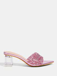 CUCCOO TILAWA Transparent Asymmetrical Chunky Heel Women's Glass Rhinestone Sandals - Dusty Pink - View 11