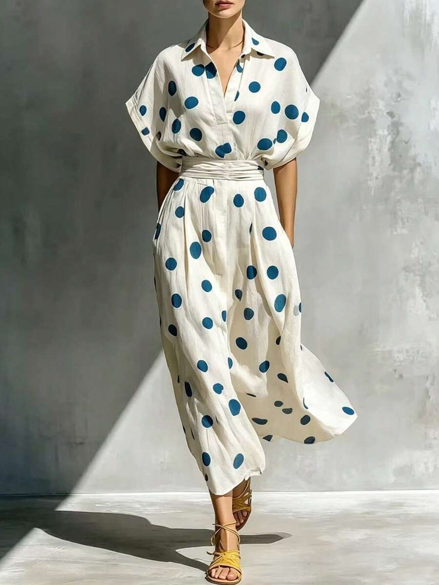 EMERY ROSE Women's Polka Dot Pattern Batwing Sleeve Casual Midi Dress - Blue and White - View 1