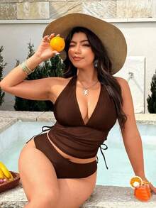 Swim Lushoire 2026 Spring/Summer New Solid Color Mesh Patchwork 2-Piece Swimsuit With Detachable Chest Pads, Halter Neck Bow Tie Straps, Sexy Deep V-Neck, Underbust Mesh Flattering Design, Side Drawstring, Low-Waist Triangle Bottoms, Casual Fashion Vacation Style Beach Swimwear - Brown - View 5