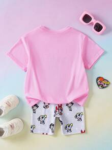 THE POWERPUFF GIRLS X SHEIN 两件套休闲风女婴圆领短袖T恤搭配舒适修身短裤，联名款 - 彩色 - 查看 2