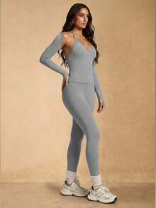 Silquee Women's Solid Color Halter Neck Tank Top And Leggings Sports Set Date Night Party Festival Victoria Secret - Grey - View 5