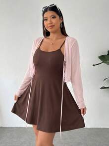 SHEIN EZwear 女款大尺碼針織開襟外套與細肩帶洋裝純色兩件組 - 巧克力棕 - 查看 3