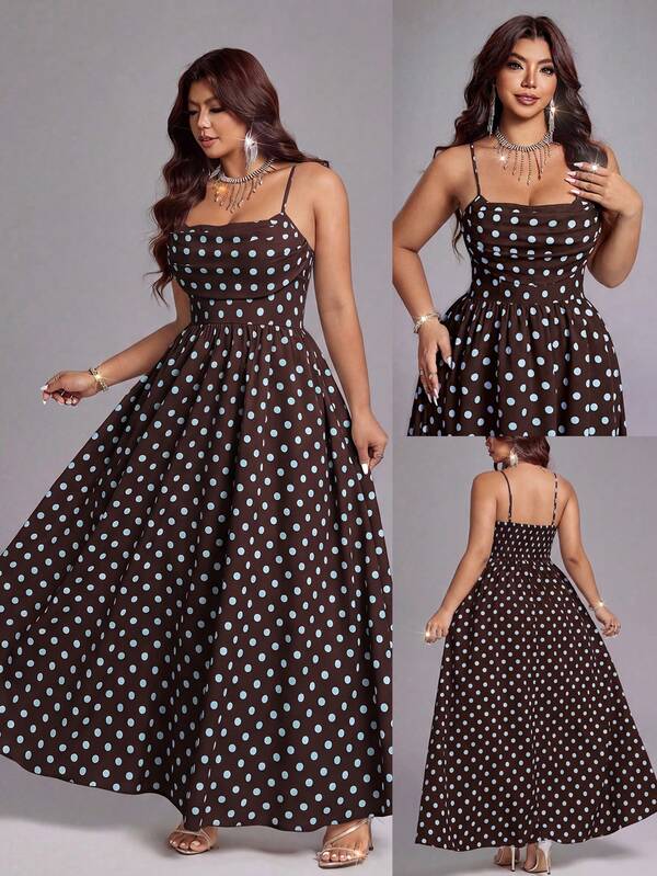 Viva Relle Plus Size Women's Spring/Summer 1920s 1950s 2000s 70's 90s Polka Dot Cami Dress Ruched Bust Cinched Waist Slimming Fit Full Flare Maxi Dress