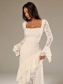 SHEIN PETITE Gaun Maxi Wanita Musim Semi/Panas Motif Bunga Aprikot Polos, Leher Persegi, Lengan Panjang, Hem Asimetris, dan Ruffle, Cocok untuk Pesta Koktail, Kencan Romantis, Pertemuan, Pernikahan, Gaun Pengiring Pengantin, Hari Valentine, Gaun Musim Panas Wanita, Gaun Pesta Teh, Gaun Brunch, Gaun Elegan, Gaun Motif Aprikot, Wanita Bertubuh Mungil - Aprikot - View 6
