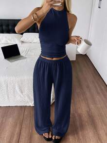 SHEIN EZwear 女款純色掛脖露背上衣與長褲時尚極簡休閒套裝 度假居家穿搭 海軍藍 夏季 - 藏蓝色 - 查看 1
