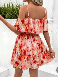 SHEIN Clasi 女士优雅棕色豹纹露肩荷叶边V领A字短裙 - 紅白色 - 查看 2