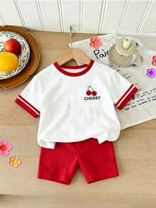 Souflis Souflis 2 Stücke Set Mädchen Kleinkind Lässig, Kirschen-Buchstaben-Muster Farbblock Rundhals Kurzarm Top mit einfarbigen roten Shorts mit elastischem Bund, geeignet für Ausflüge, Einkaufen und tägliches Tragen im Frühling und Sommer - Verschiedenfarbig - Übersicht 5