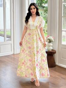 Al Najma 春夏優雅花卉印花拼接蕾絲飾邊短袖長洋裝女款 - 彩色 - 查看 4