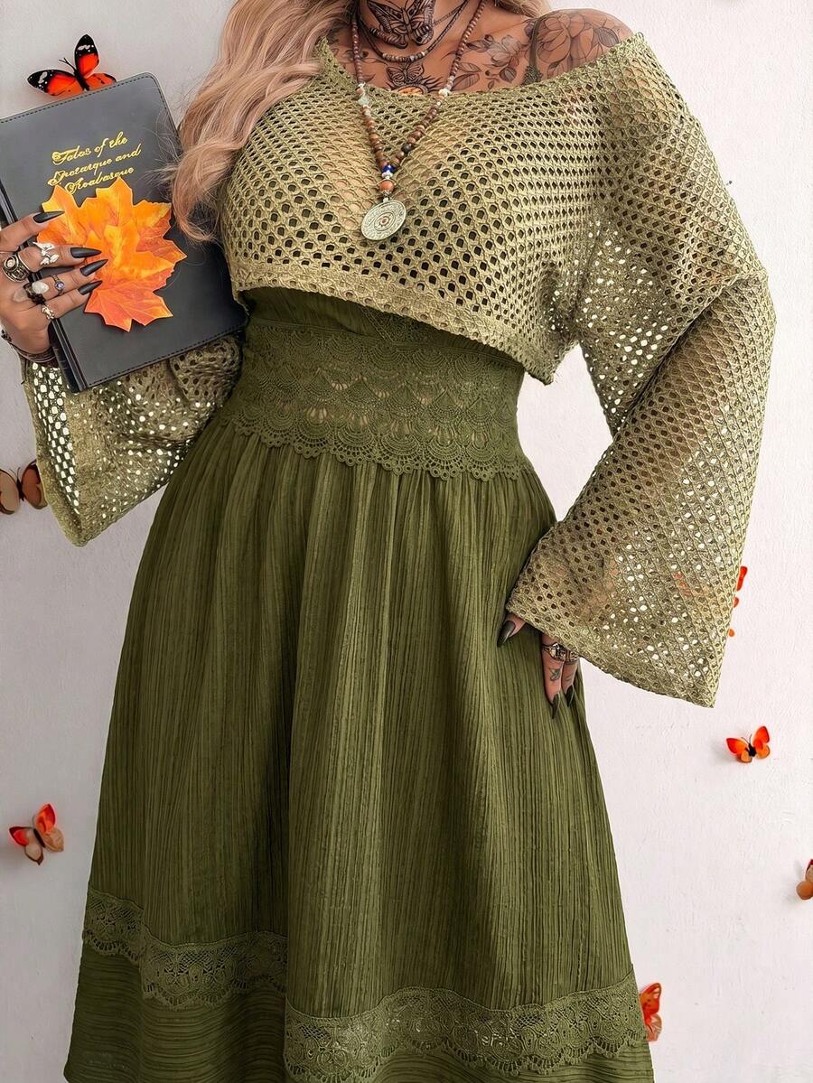 Whyspr Plus Size 2pcs Set Military Green Spaghetti Strap Long Lace Dress With Apricot European & American Style Mesh Hollow Out Cover-Up - Army Green - View 1