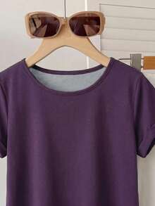 SHEIN Tween Girl Loose Casual Simple Comfortable Round Neck Short Sleeve Striped T-Shirt And Long Pants Set - Purple - View 3