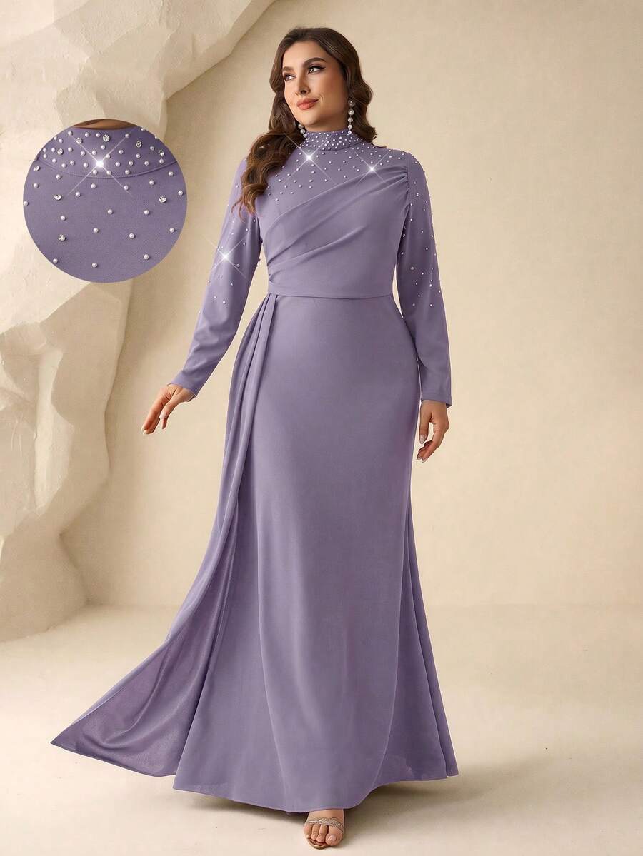 Coutiva 大尺碼女款立領仿珍珠裝飾優雅收腰正式晚禮服洋裝 - 淡紫色 - 查看 1