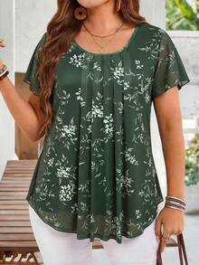 EMERY ROSE Plus Size Women's Summer Elegant Dark Green Floral Print Tunic Blouse,Short Sleeve Casual Top For Wedding Guest,Holiday,Vacation & Everyday Wear - Green - View 4