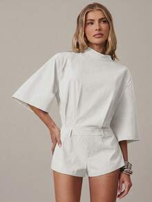 Hauture Women's Exaggerated Shoulder Short Sleeve Open Back Short Romper Old Money Style - White - View 4