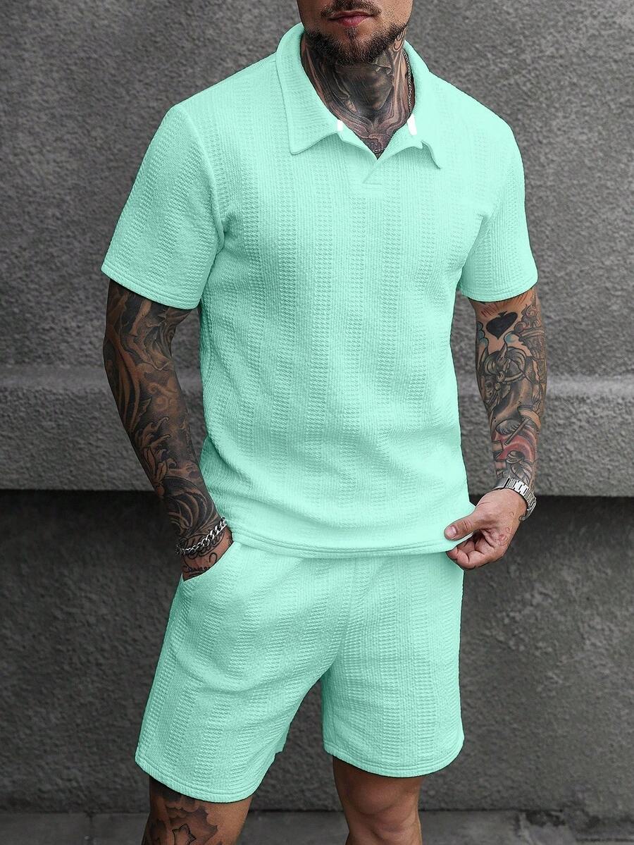 Manfinity CasualCool 男士紋理寬鬆短袖休閒 Polo 衫套裝 - 薄荷綠 - 查看 1