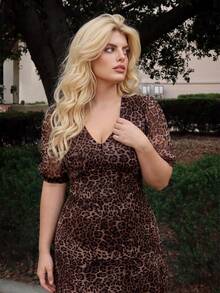 Dripcurv Plus Size Fashionable Leopard Print Ruffle Hem Dress, Summer Vacation Elegant - Multicolor - View 6