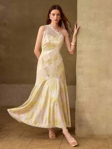 MOTF PREMIUM WOMEN'S FASHIONABLE CONTRAST LACE LONG DRESS - Yellow - View 1