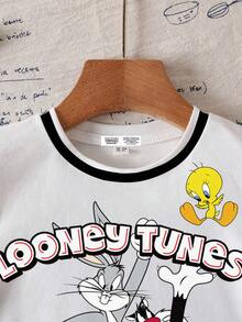 LOONEY TUNES X SHEIN 男童夏季休闲运动卡通字母图案条纹袖T恤 - 白色 - 查看 3
