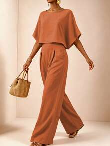 SHEIN Veneréa Set Celana Panjang Wanita Musim Panas Warna Polos Longgar dengan Kaki Lebar - Burnt Orange - View 3
