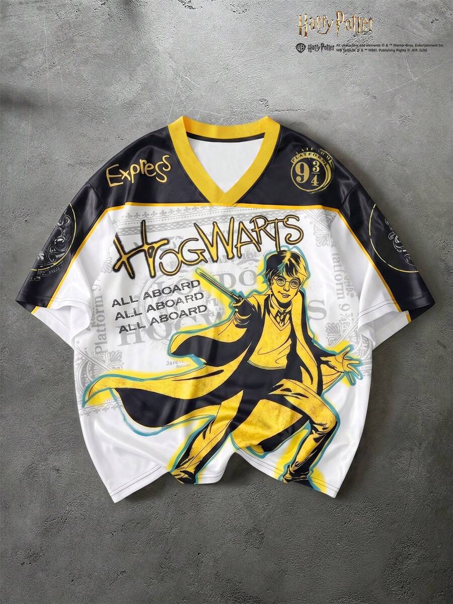 HARRY POTTER X SHEIN PAVTROS Kaos Lengan Pendek Pria dengan Cetakan Huruf, Kasual, Serbaguna, untuk Pemakaian Sehari-hari - Hitam dan Putih - View 1