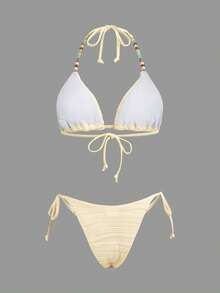 Opulessa Set Bikini Wanita Bertekstur dengan Hiasan Manik-Manik, Atasan Tank Top Model Halter dan Bawahan Bikini Segitiga - Aprikot - View 2