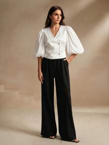 Savoree V-Neck Fashionable White Puff Sleeve Blouse For Women Office Autumn Elegant - White - View 6
