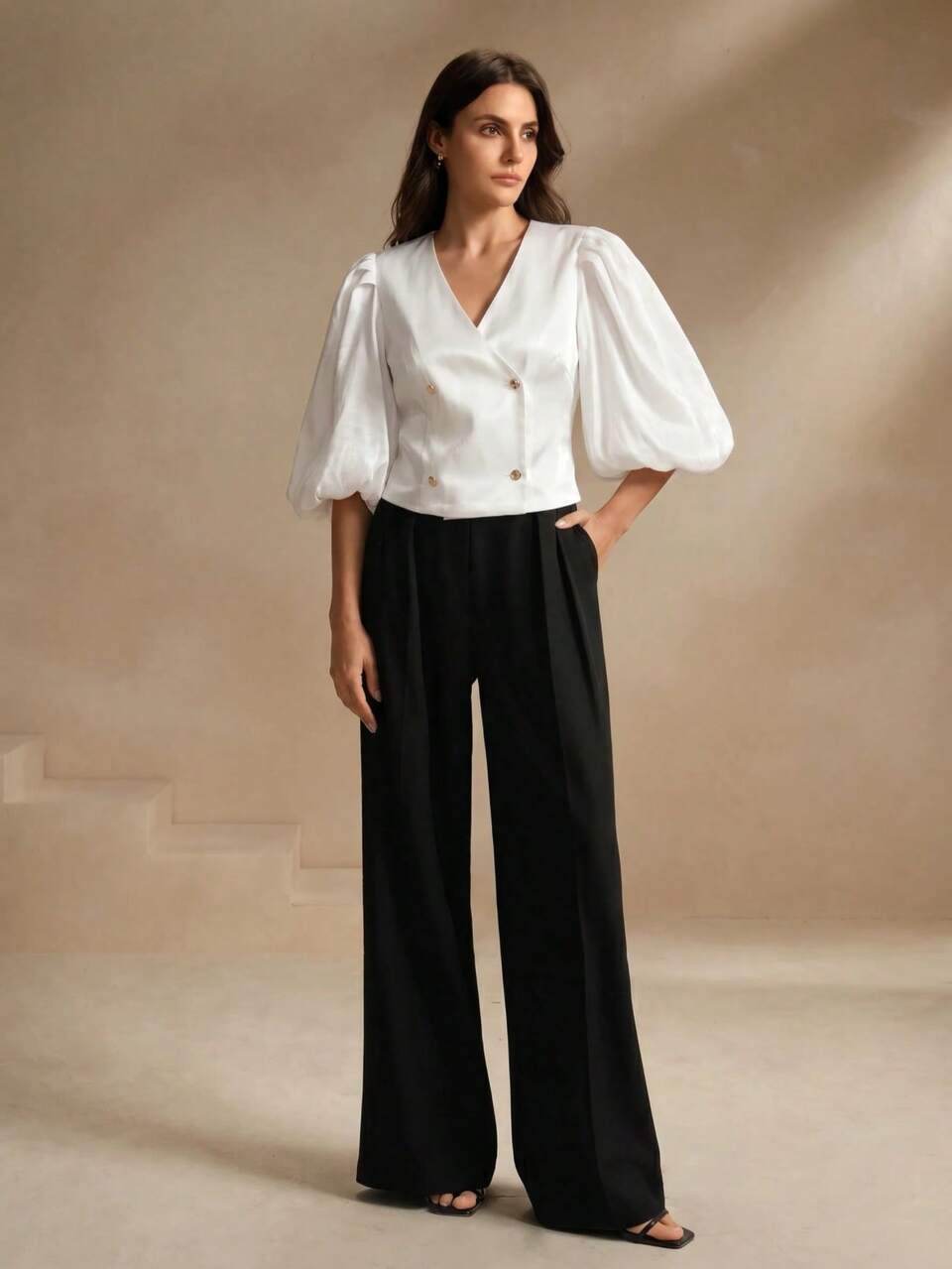 Savoree V-Neck Fashionable White Puff Sleeve Blouse For Women Office Autumn Elegant