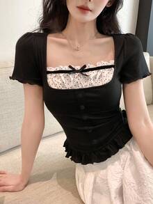 DAZY 女士撞色蝴蝶结休闲短袖T恤夏季娃娃衫可爱上衣 - 黑色 - 查看 2