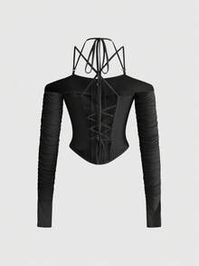 ROMWE Deconstructed Strappy Ruched Off-Shoulder Backless Halter Top - Black - View 2