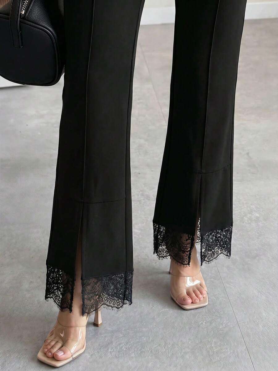 SHEIN Clasi 大尺碼女裝長褲,四季皆宜,優雅女裝長褲,對比蕾絲下擺,附口袋女裝長褲,優雅專業女裝長褲,職場通勤女裝長褲,百搭女裝長褲 - 黑色 - 查看 1