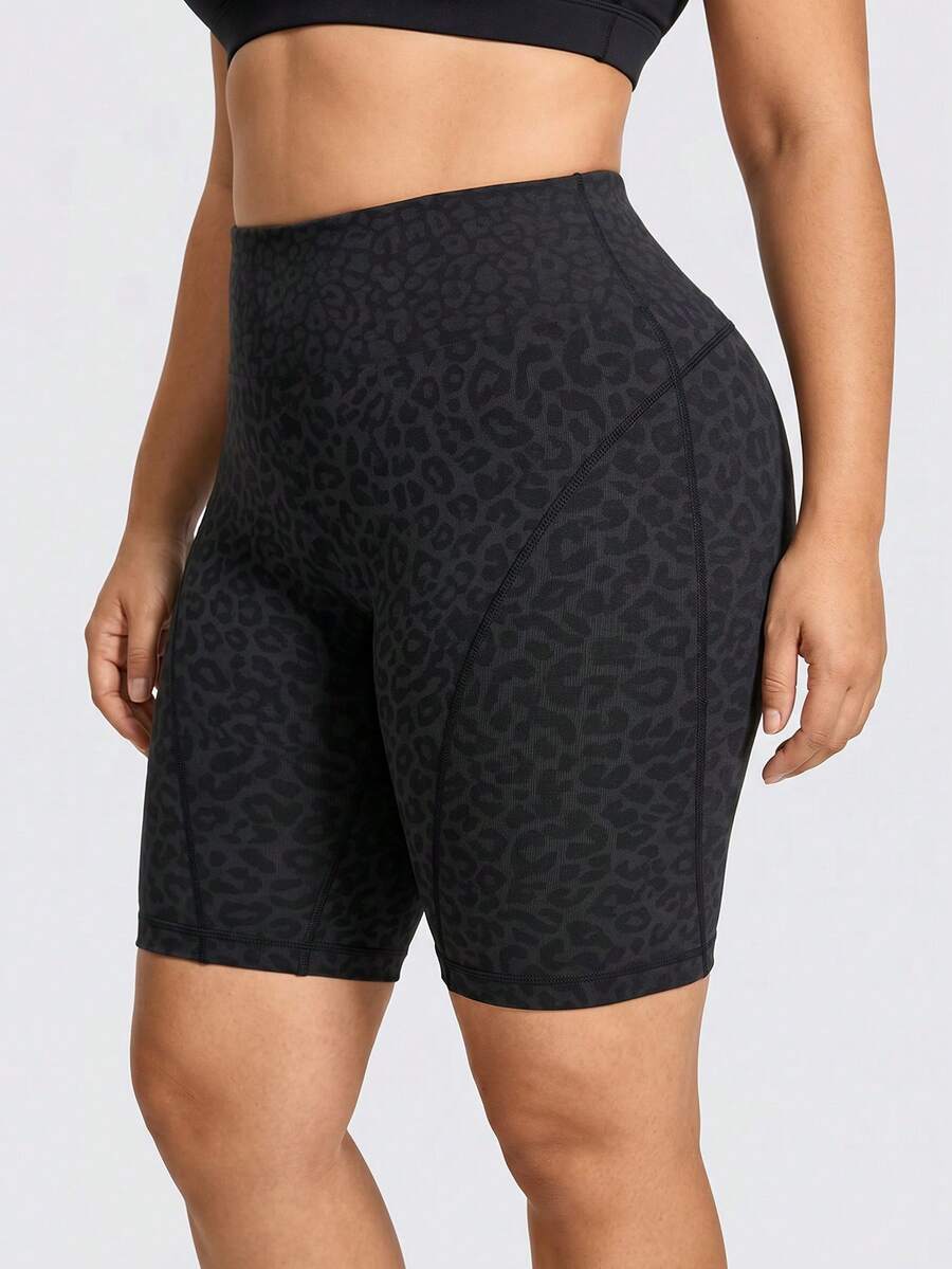 SHEIN Rhythm Era 1 pièce Short de sport sans couture sexy pour femmes grande taille, imprimé léopard, rayure latérale, effet amincissant, pour la course, le fitness, l'entraînement, le yoga, l'extérieur, couche de base, 5 pouces - Noir - Voir 1