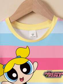 THE POWERPUFF GIRLS X SHEIN 年轻女孩夏季休闲卡通彩色条纹印花短袖T恤连衣裙 - 白色 - 查看 3