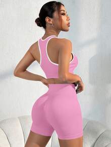 SHEIN Dewbera Contrast Trim Cropped Tank Top & Shorts Sports Set - Dusty Pink - View 2