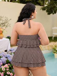 Swim Mod Conjunto de traje de baño a cuadros para vacaciones en la playa talla grande - Multicolor - Ver 2
