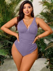 Swim Vcay Plus Size Summer Vacation Beach Solid Color Ribbed V-Neck Mesh Patchwork One-Piece Swimsuit - Purple - View 4