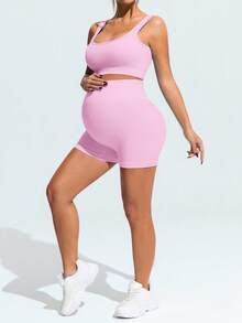 SHEIN Maternity Summer Solid Color Elastic Breathable Sports Bra And Shorts,Word Cup - Pink - View 3