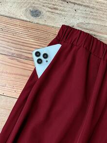 Rusticease 2pc Set Plus Size Women's Summer/Fall Casual Wine Red Polka Dot Round Neck 3/4 Sleeve Side Slit Long Top And Wide Leg Pants Set With Pockets,Autumn - Burgundy - View 6