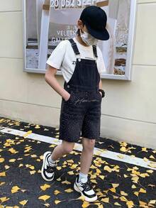 SHEIN Quần short denim dây rút dáng rộng thoải mái đính đá thiết kế phong cách đường phố cho bé trai tuổi teen - màu đen - Xem 3