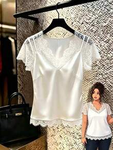 GlowEve CURVE Plus Size Fashion Design Lace Trim Patchwork Casual Blouse , Summer Casual Vacation Work Commute Top - White - View 1