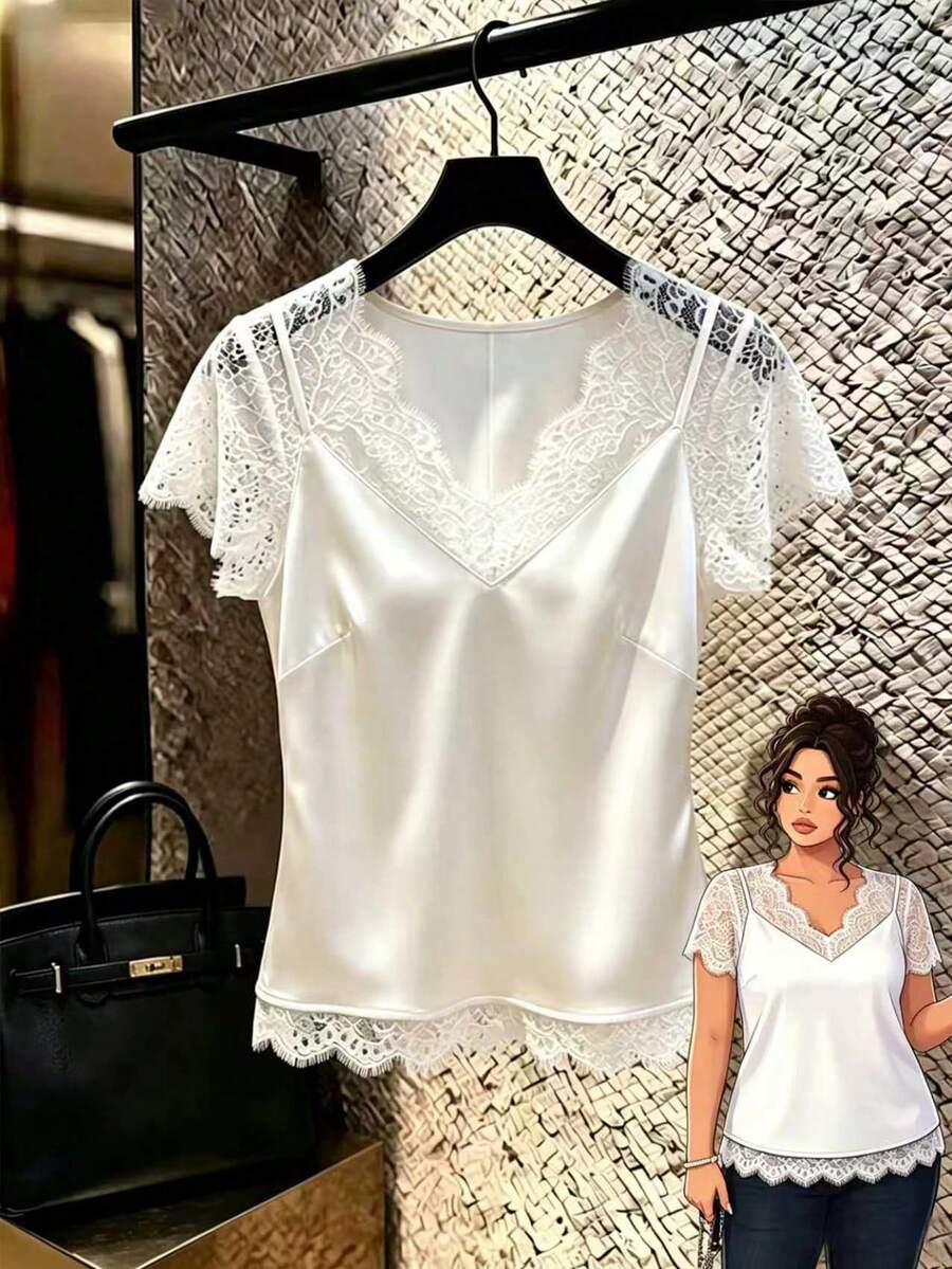 GlowEve CURVE Plus Size Fashion Design Lace Trim Patchwork Casual Blouse , Summer Casual Vacation Work Commute Top - White - View 1
