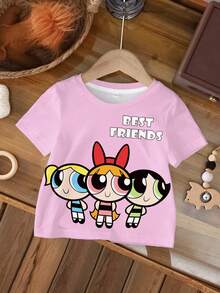 THE POWERPUFF GIRLS X SHEIN 女婴休闲卡通印花上衣，夏季 - 白色 - 查看 7
