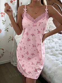 CottageSlumber Camisón de mujer de punto acanalado con ribete de encaje floral romántico y patchwork - Rosa - Ver 6