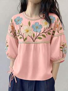 SHEIN Clasi 女款夏季印花多色花卉布料刺繡珍珠圖案設計圓領寬鬆休閒花園度假風辦公穿著高氣場返校季百搭度假風短袖襯衫 - 粉色 - 查看 3