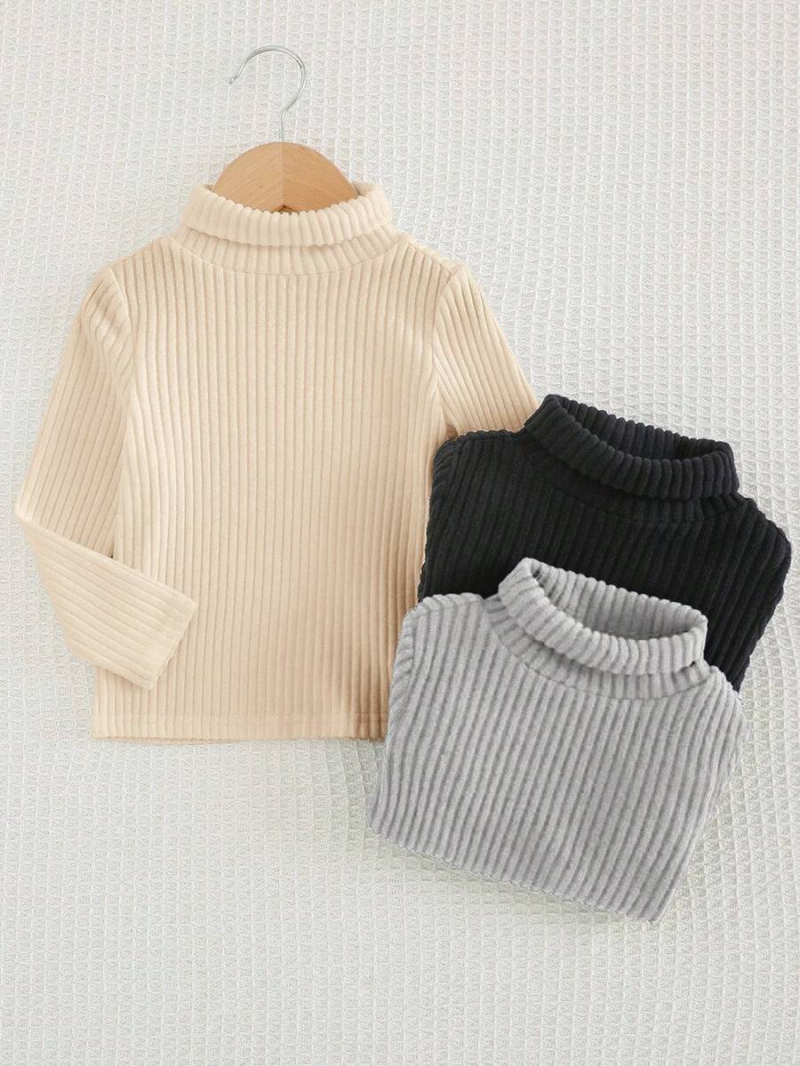 SHEIN 兒童 3件組小男孩針織高領素色 T-冬款上衣,休閒舒適秋季衣櫥單品 - 彩色 - 查看 1