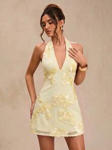 SHEIN BAE Spring/Summer Solid Yellow Floral Textured Deep Draped Neck Halter Sexy Ruffle Backless Chiffon Mini Dress For Women - Yellow - View 7