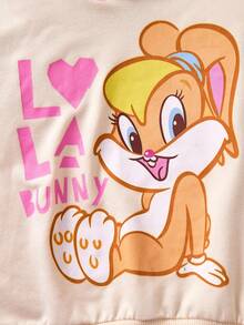 LOONEY TUNES X SHEIN 女婴可爱卡通兔子图案撞色卫衣套头衫，休闲百搭，适合秋冬季穿着 - 杏色 - 查看 5