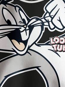 LOONEY TUNES X SHEIN 男婴休闲时尚街头卡通兔子字母印花撞色条纹滚边保暖卫衣，秋冬季 - 白色 - 查看 4