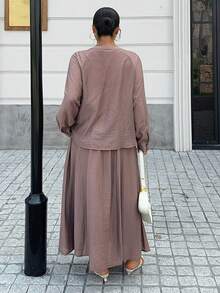 Dazy Plus Round Neck Vacation Raglan Sleeve Lace Top Casual Skirt Plus Size Women Spring Summer Autumn Pink 2pcs Set - Dusty Pink - View 6