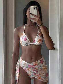 Swim Mod 女款海灘度假波點印花掛脖綁背性感比基尼三件組 - 彩色 - 查看 5